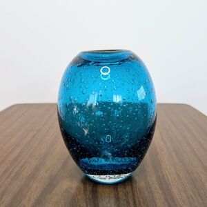 Bright Blue Blown Bubble Glass Round Egg Shaped Vase